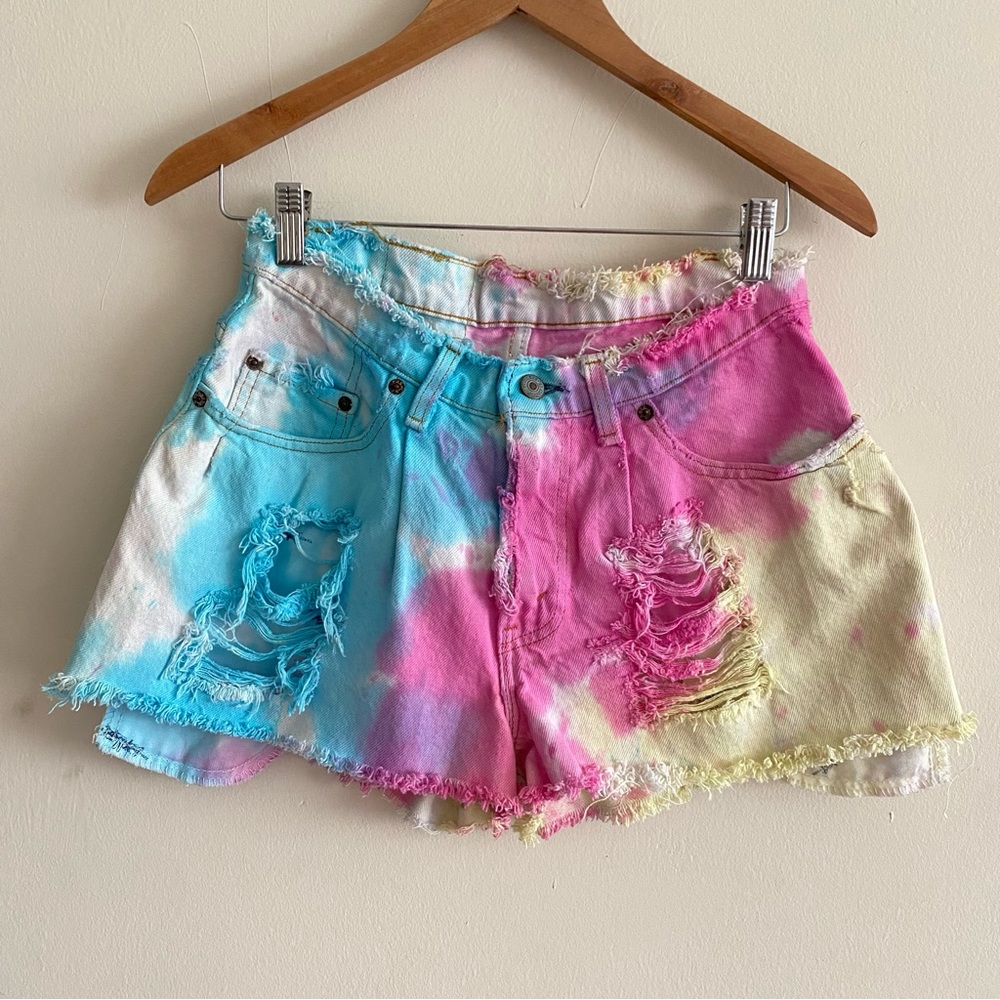 Levi’s Tie Dye Cutoff Denim Shorts Blue Pink Yellow - 30
